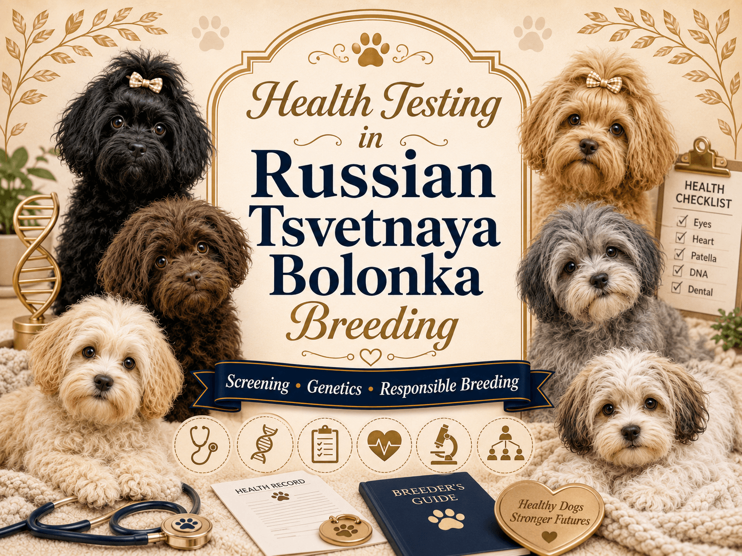 Health testing importance in Russian Tsvetnaya Bolonka breeding illustration